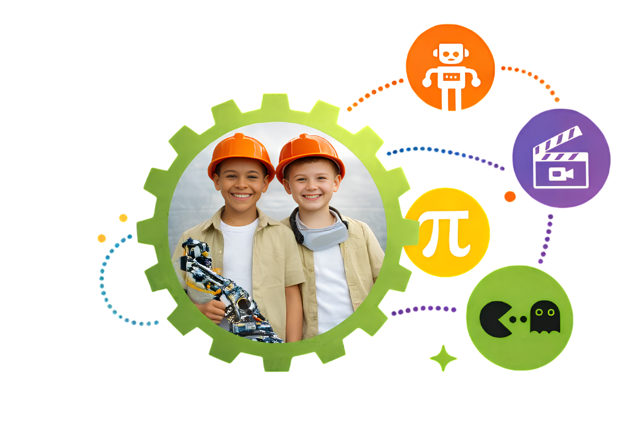 Young engineers inside a gear, representing Engineeius STEM education